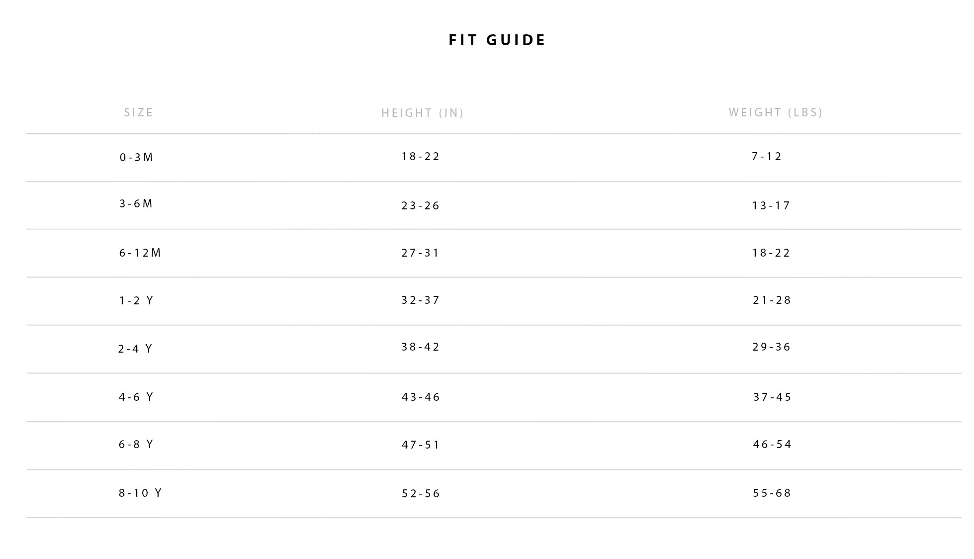 Kids size chart