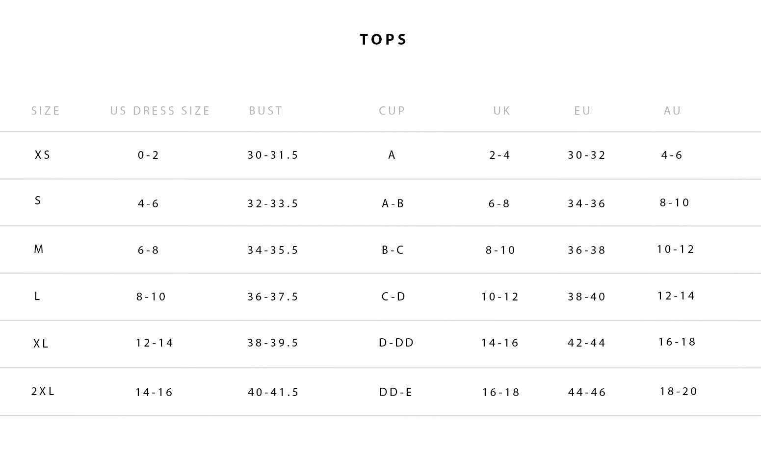 Womens Tops size chart