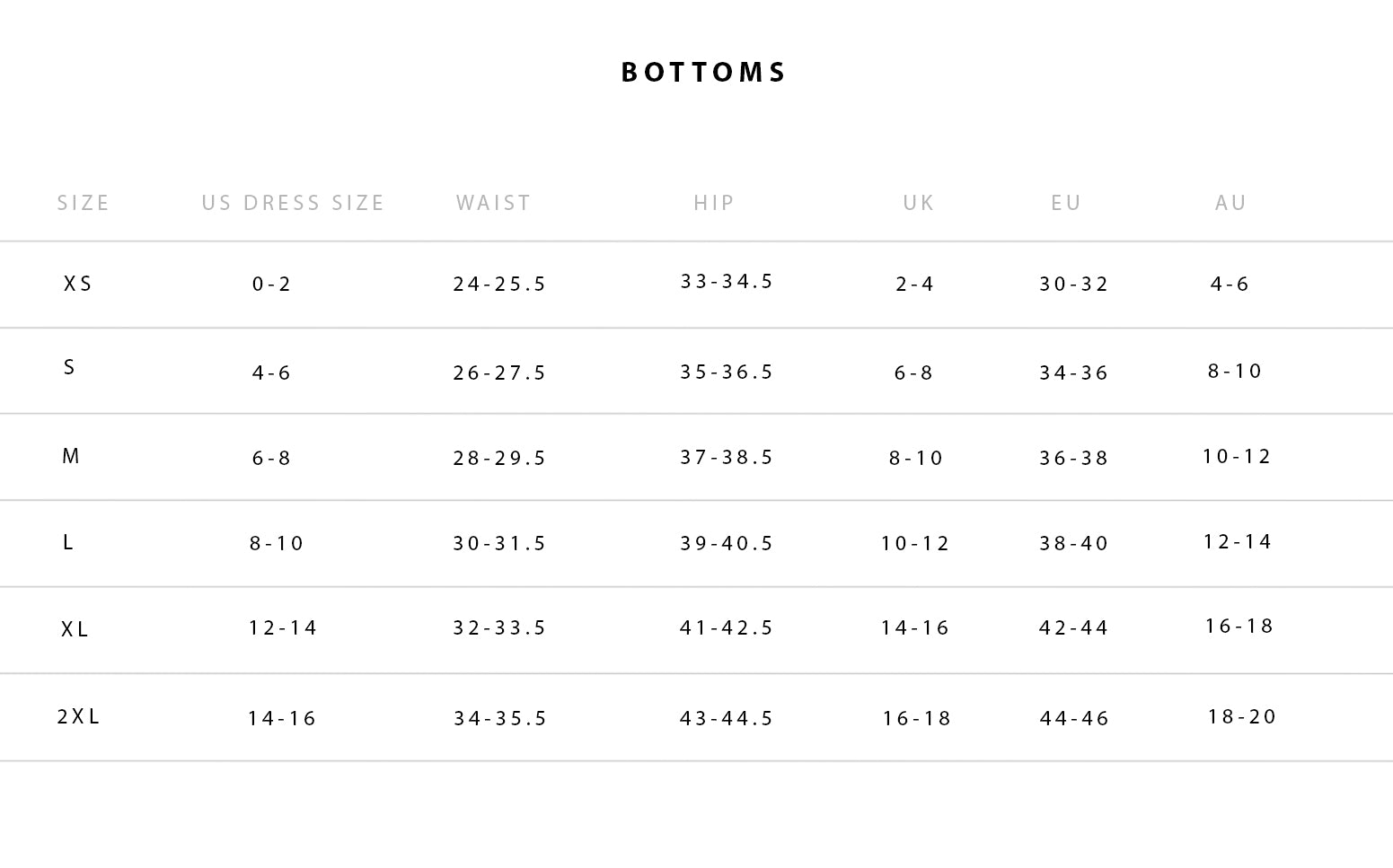 Womens Bottoms size chart